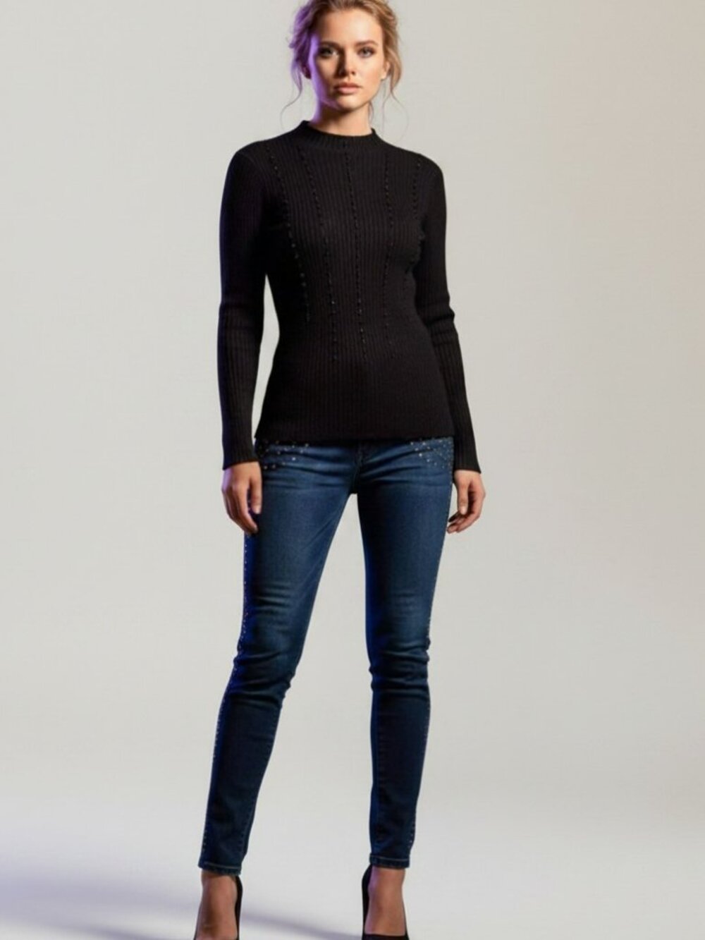 Alfani Black Ribbed Beaded Turtleneck Sweater